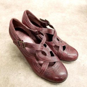Clarks Indigo Womens 87581 Size 9.5 Burgundy Leather Slip On Strappy 3" Heel P